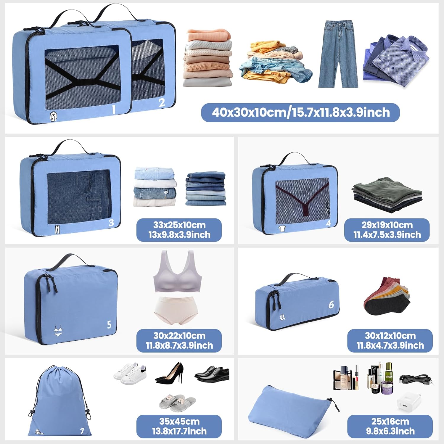 Packwürfel-Set mit Größenangaben für optimale Organisation